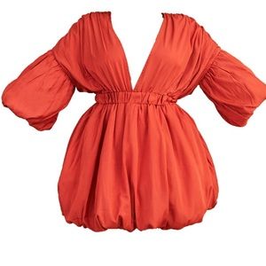 Rust puff sleeve puff ball hem dress